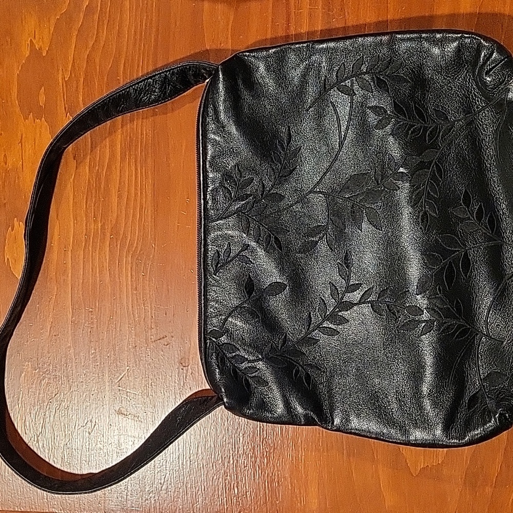 Vintage Ganson Black Floral Sewn Pattern/Print Leather Handbag